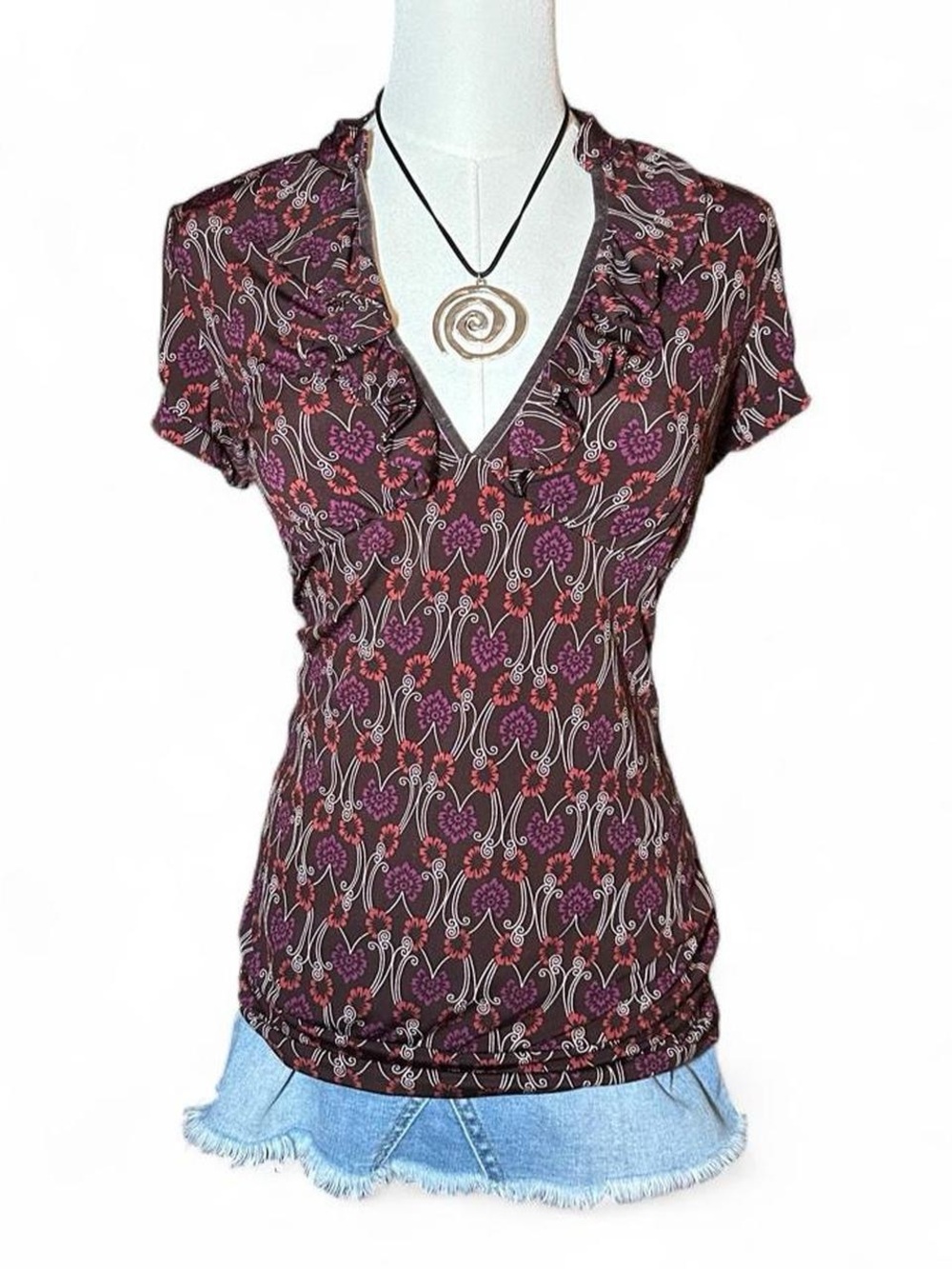Y2K Maurices Brown Floral Print Ruffle V-Neck Blouse Coquette Cottage Fairycore